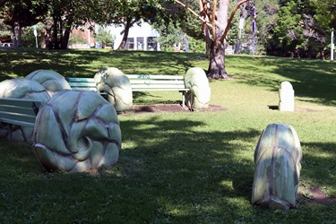 Decorative benches at Pioneer Park.