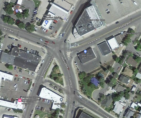 Aerial view of the Last Chance Gulch 5 Point Intersection in Helena.